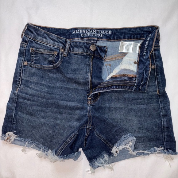 American Eagle Size 12 Dark Wash Super Hi Rise Shortie Super Stretch Jean Shorts - Picture 6 of 8